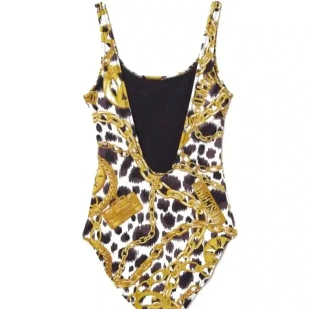 Moschino x H&M Swimsuit One Piece Bathing Suit Gold Chain Animal Black Size 8 - Picture 6 of 10